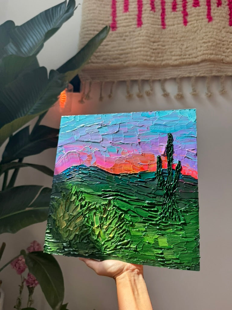 "alive is the desert sunrise" - commission, impasto on pine