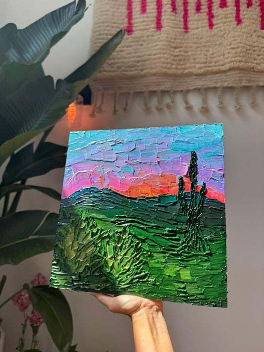 "alive is the desert sunrise" - commission, impasto on pine
