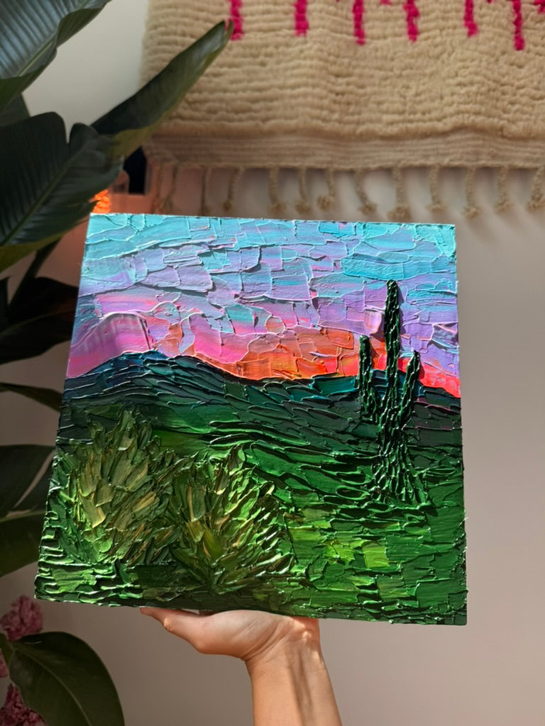 "alive is the desert sunrise" - commission, impasto on pine