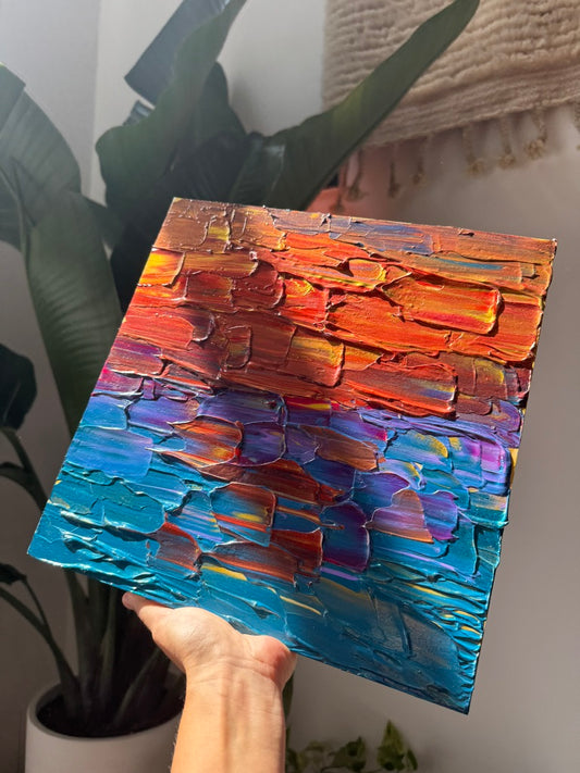 "off into the sunset, with love, we go" - wedding commission, impasto on pine