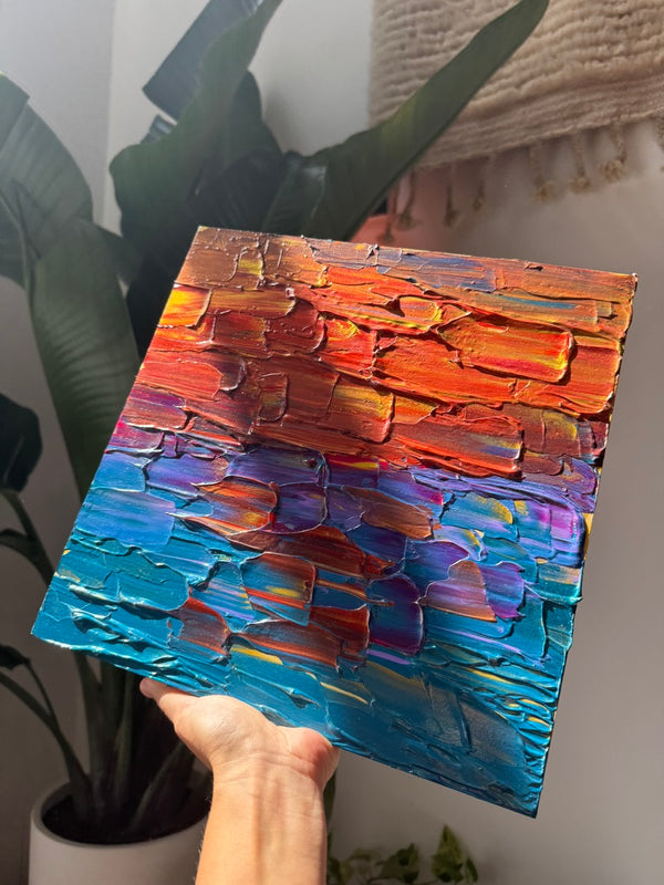 "off into the sunset, with love, we go" - wedding commission, impasto on pine