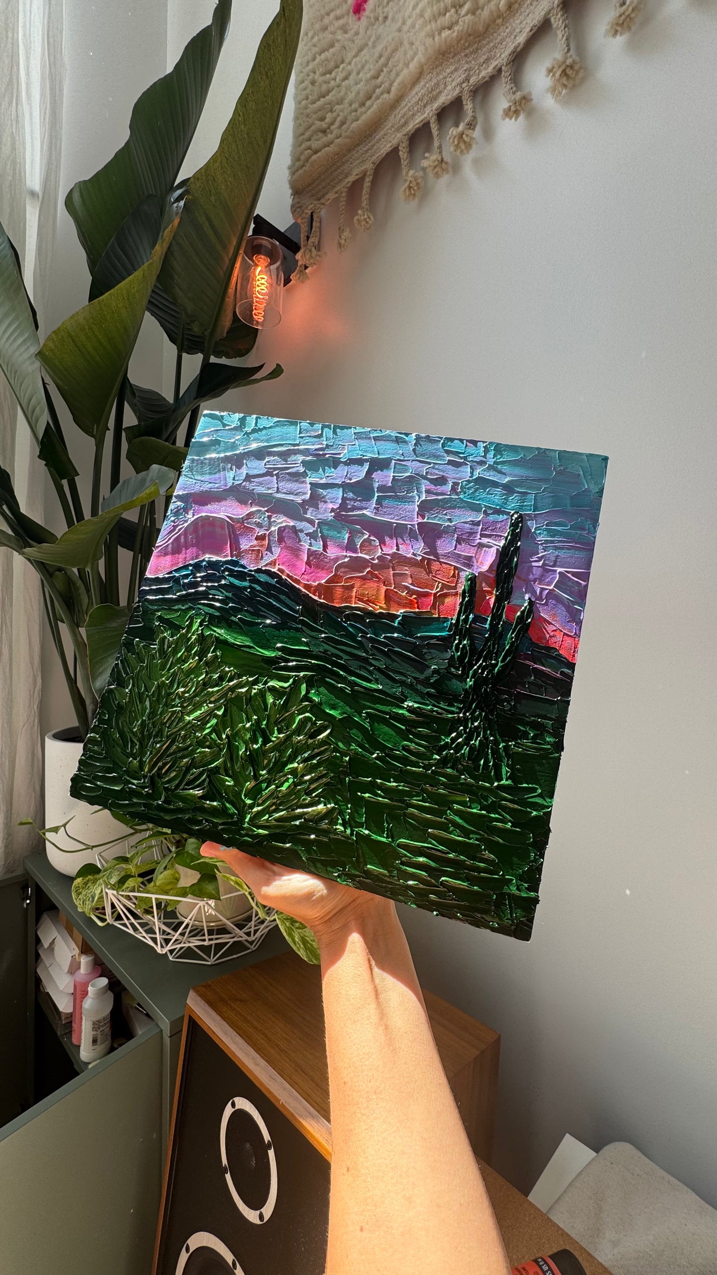 "alive is the desert sunrise" - commission, impasto on pine