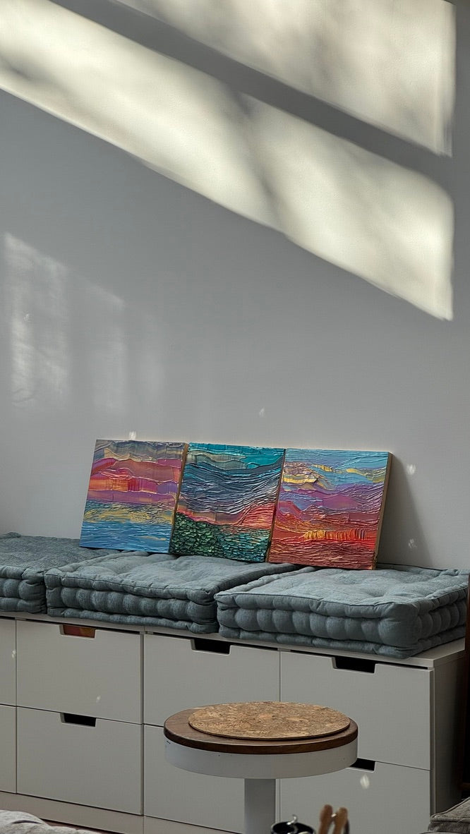 "midnight, the sun, and you" - series: you are golden, impasto on pine