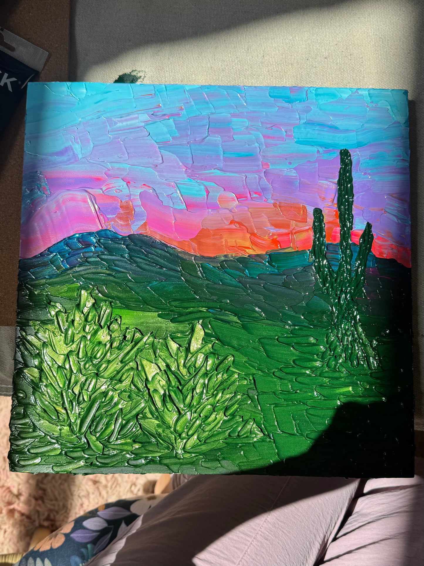 "alive is the desert sunrise" - commission, impasto on pine