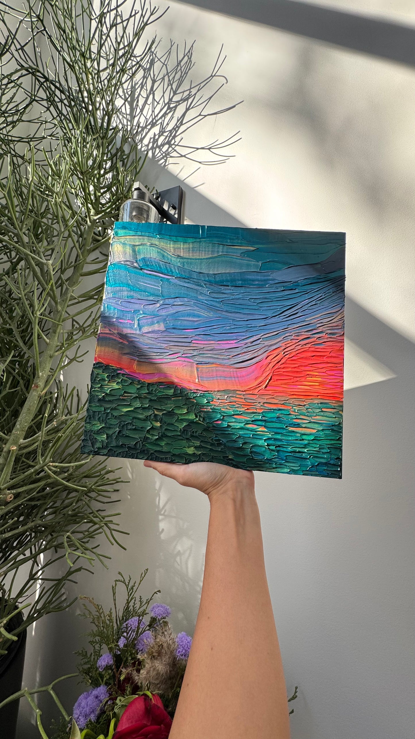 "midnight, the sun, and you" - series: you are golden, impasto on pine