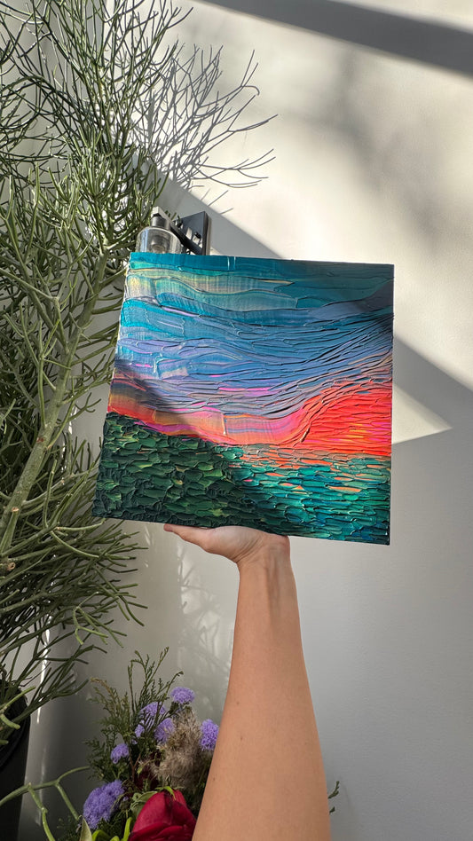 "midnight, the sun, and you" - series: you are golden, impasto on pine