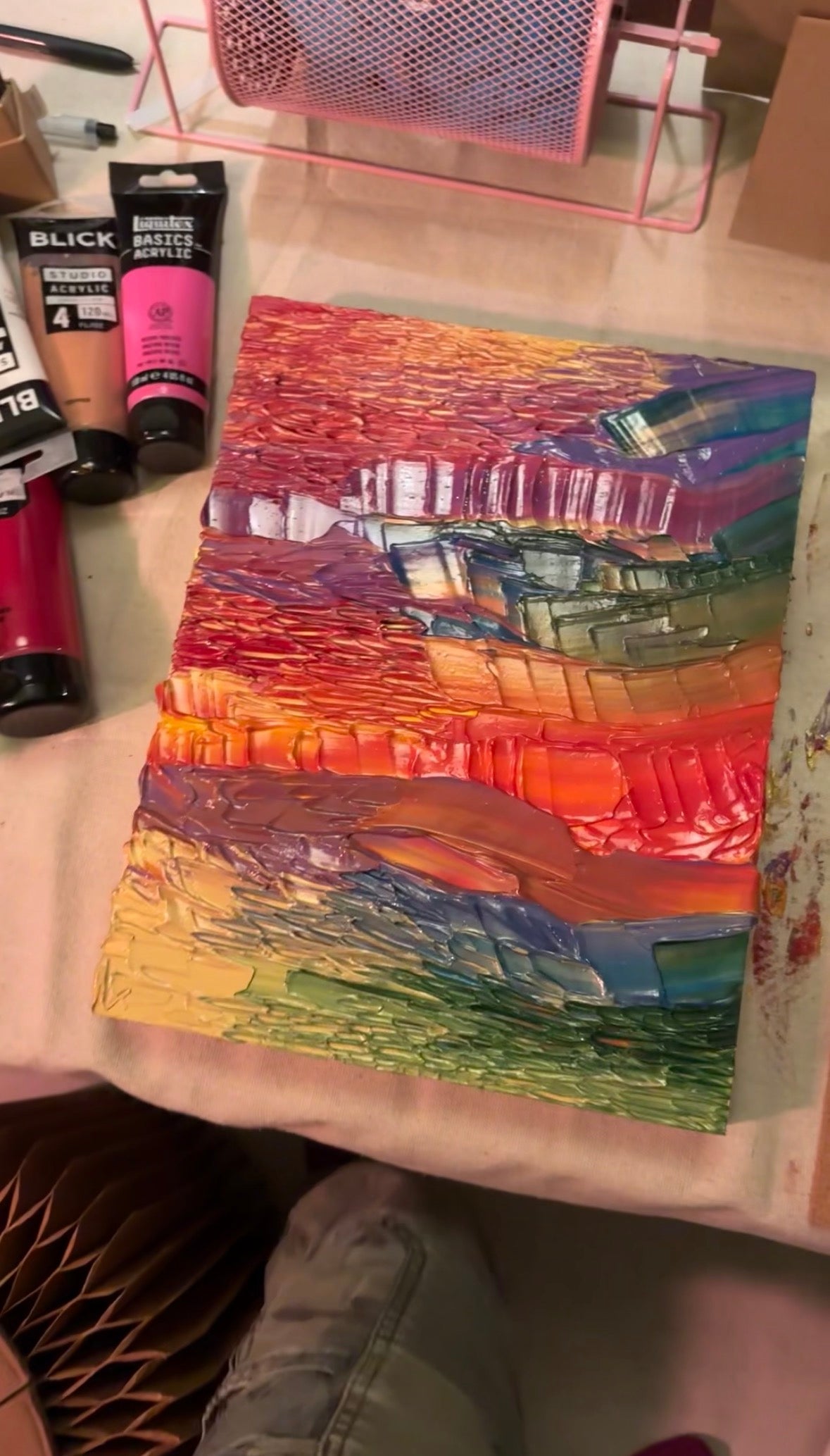 "future's looking bright" - live event art, impasto on pine