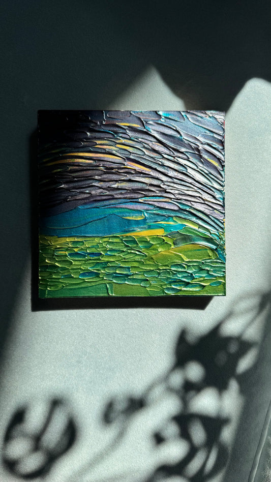 "rainy meadow" - series: you are atmospheric, impasto on pine