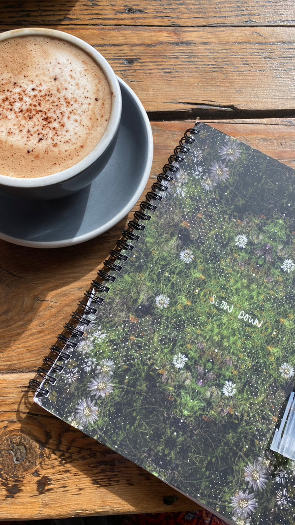 "slow down green flower machine" - series: you are presence, paper notebook